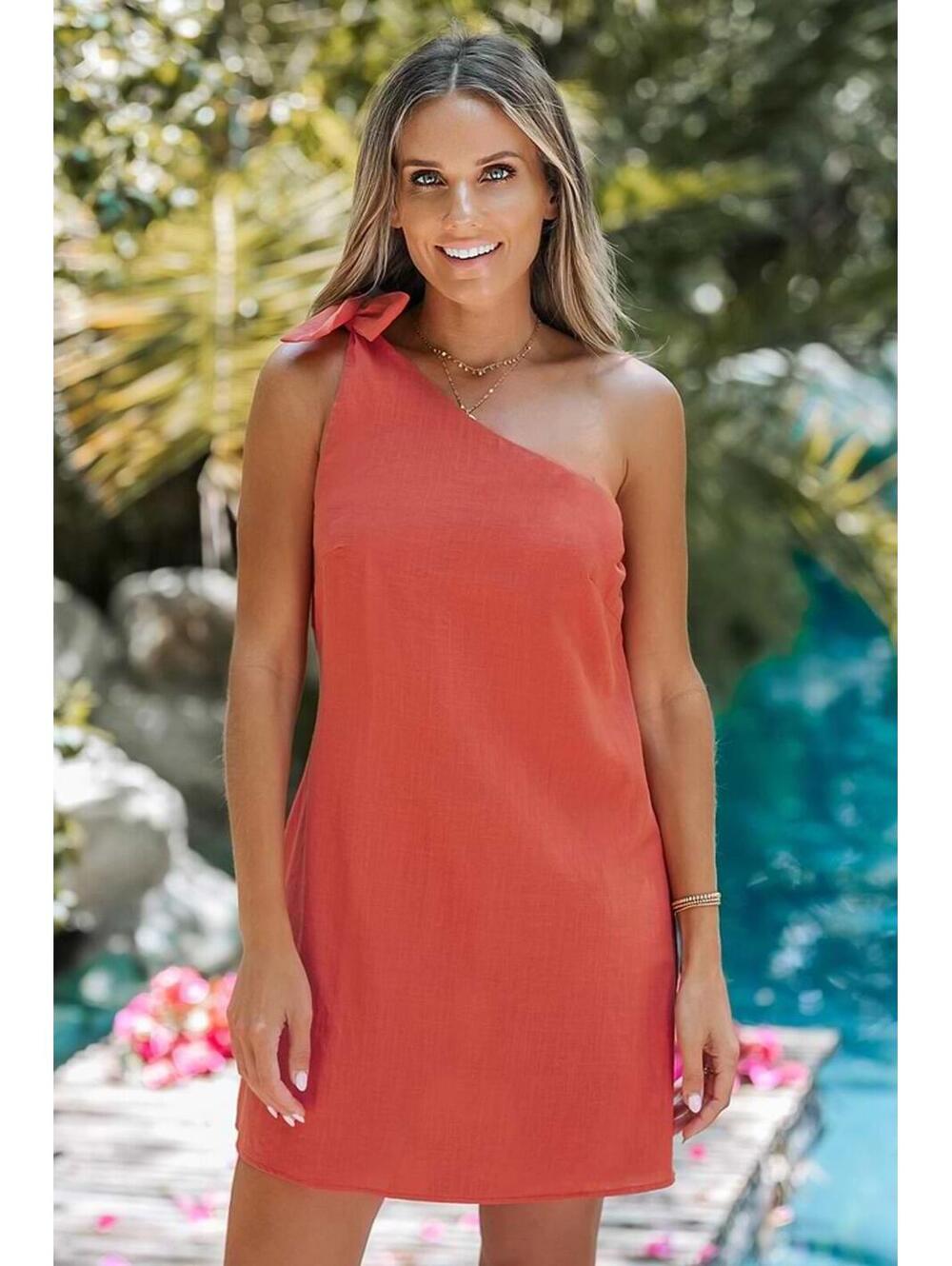 CUPSHE | NWT One Shoulder Bow Linen Blend Mini Dress Burnt Orange Rust Size M